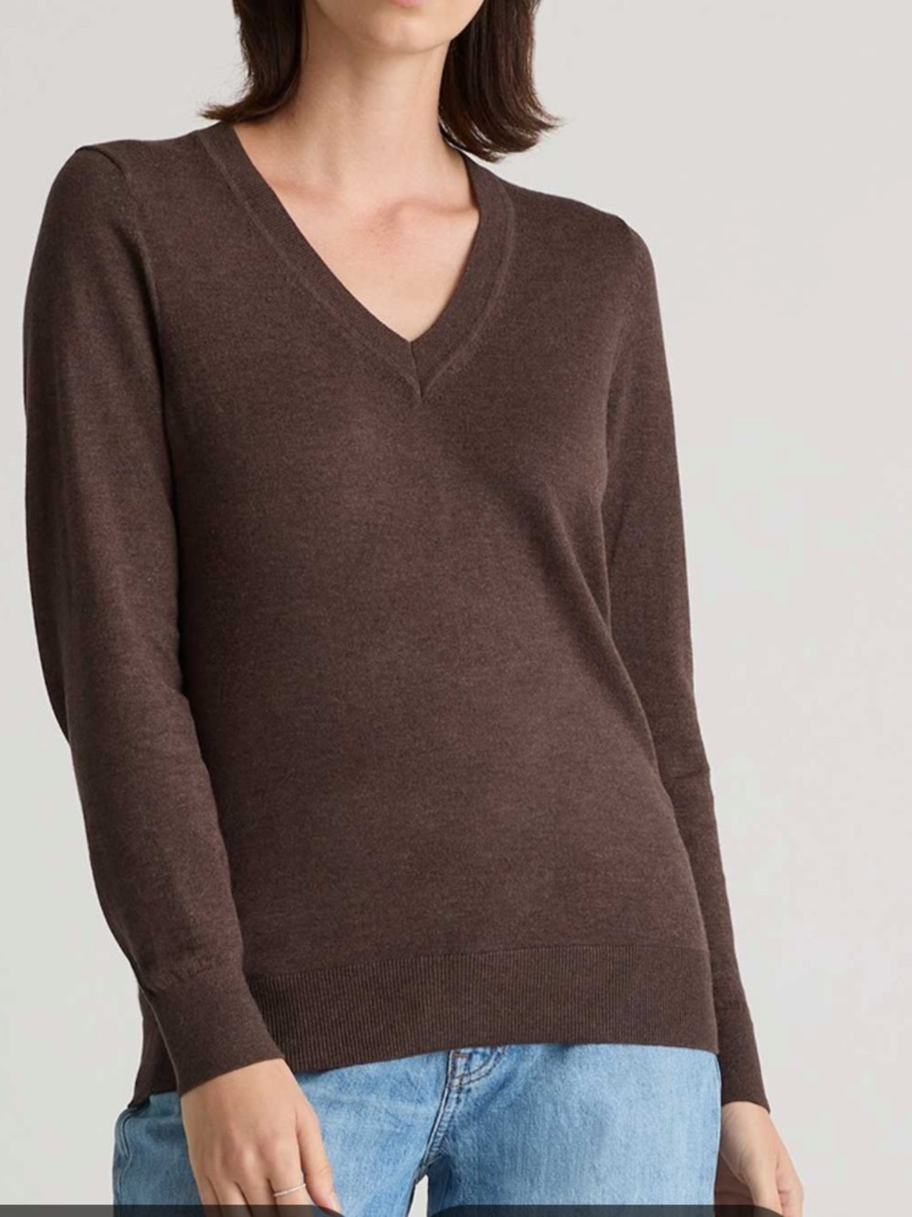 Quince Sweater Lightweight Cotton Cashmere V-Neck Mocha Heather Medium M preppy